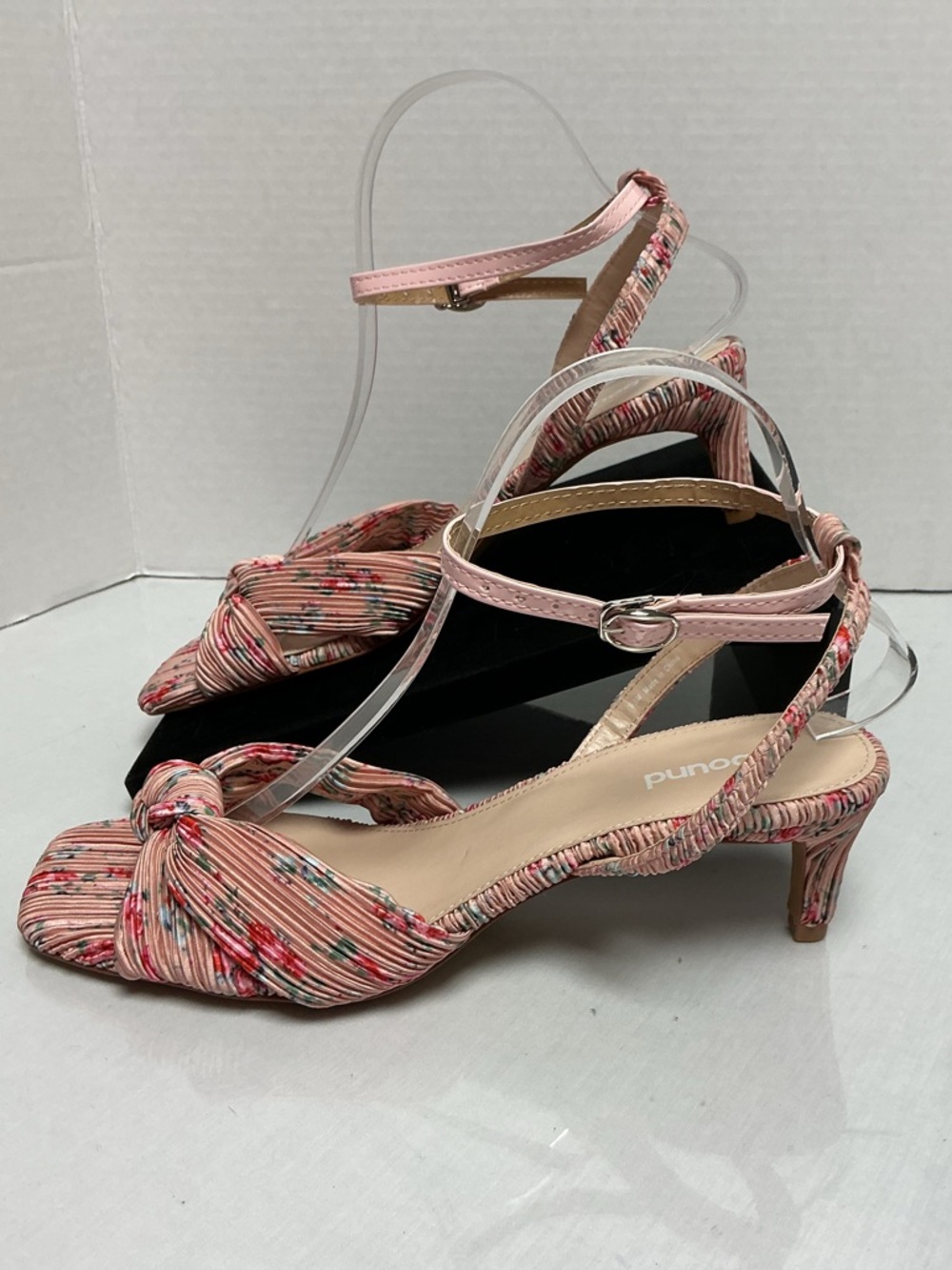 Abound Diana Pleated Floral Kitten Heel Sandals Pink Multi Bow Ankle Strap 9.5M